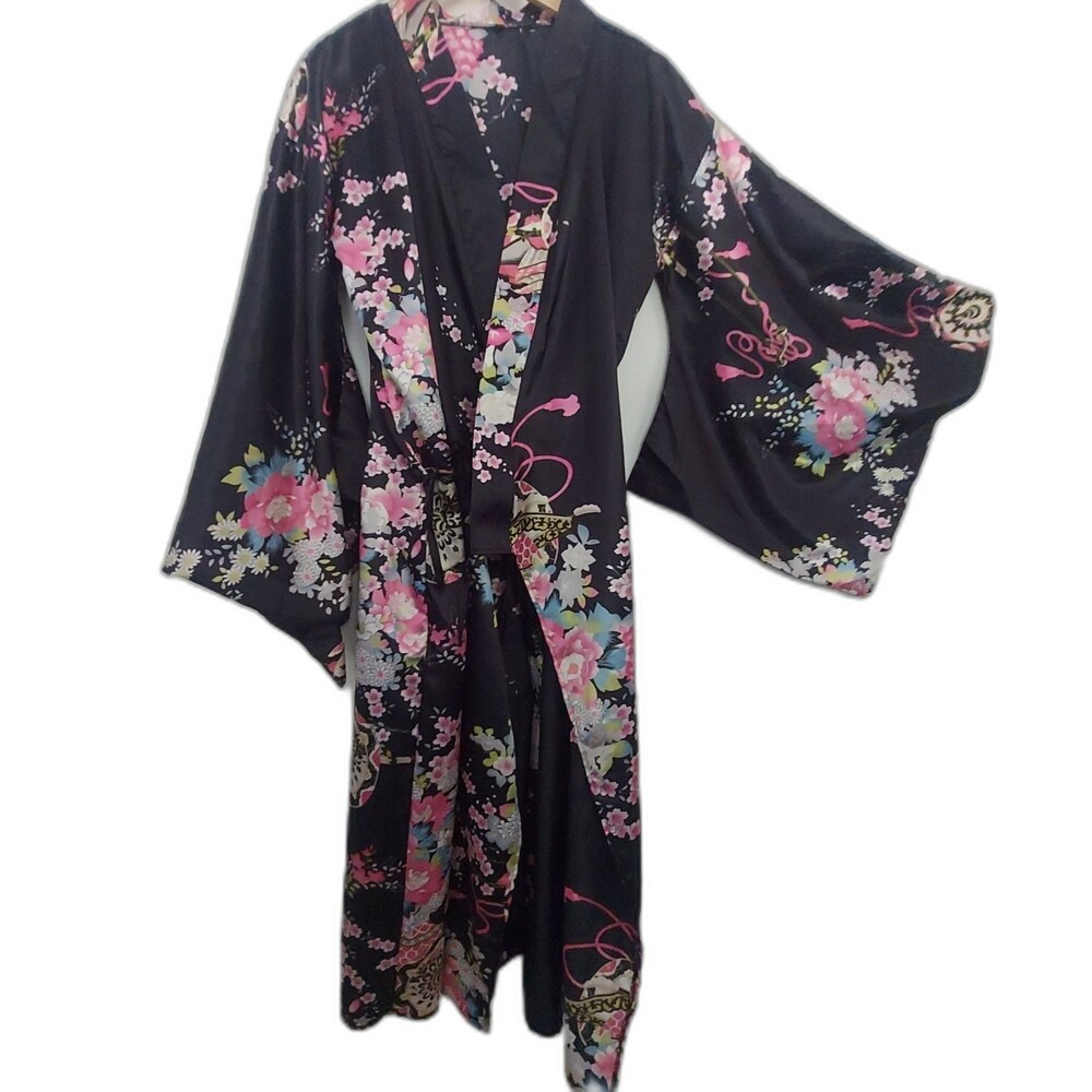 Black Satin Kimono Robe 2X Floral Cherry Blossom Asian Inspired Lounge Robe